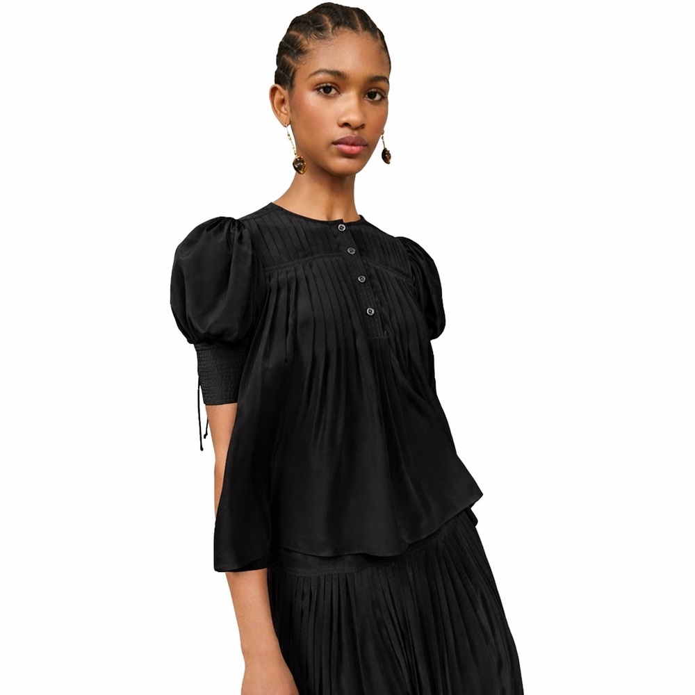 Ulla Johnson Marion Blouse Noir Black Size 4 100% Silk Victorian Romantic Whimsy